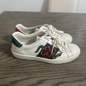 Gucci White Sneakers with Red and Green Snake Design